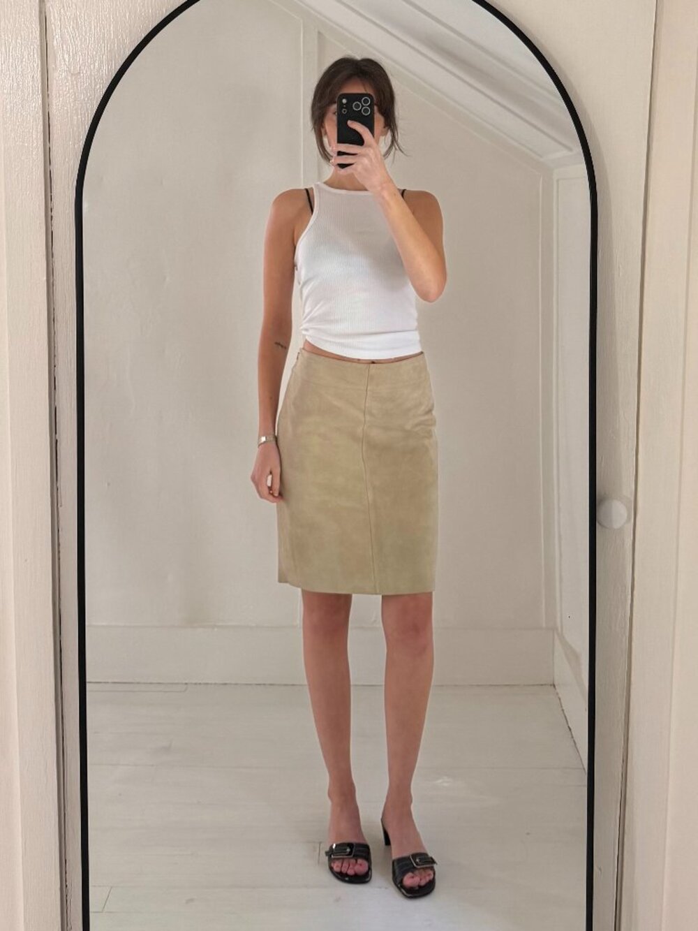 Express World Brand Vintage 90s Suede Leather Mini Pencil Skirt Size 1/2 Beige